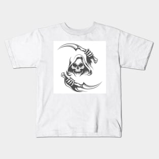 Skull in the Hood with Two Scythes Tattoo Kids T-Shirt